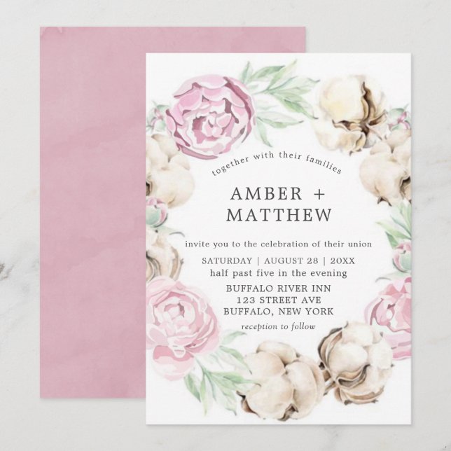 Peine rose pâle et invitation de mariage en coton (Devant / Derrière)