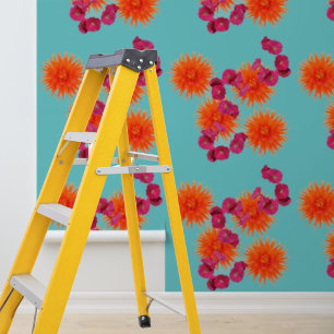 Peint Papier peigné et collé bleu orange rose floral