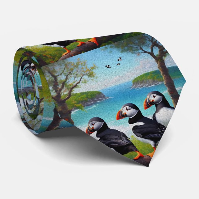 Peinture à l'huile d'Oiseaux de Puffin, Cravate (Roulé)