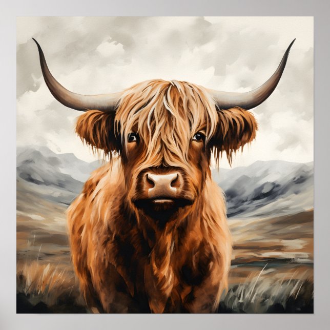 Peinture à poster de vache Highland (Devant)