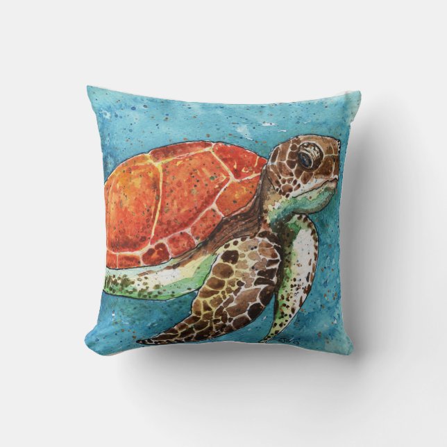 Peinture aquarelle - coussin de tortue de mer (Recto)