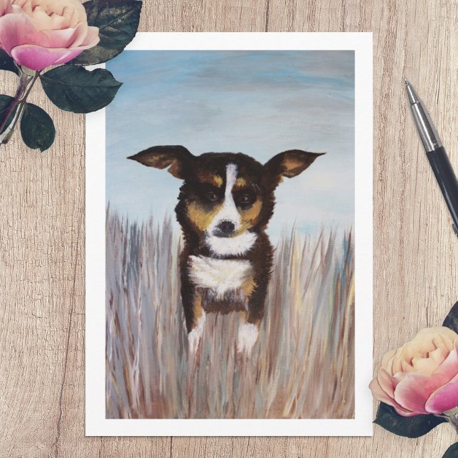Peinture Brown de chien sur carte blanche (acrylic painting dog with floppy ears beige brown nature animals blank note card original artwork)