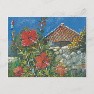 Peinture Carte postale Hibiscus et Okinawan House