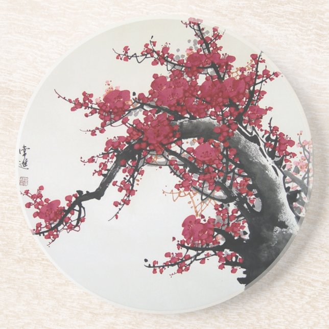 Peinture chinoise - dessous de verre de fleurs de (Devant)