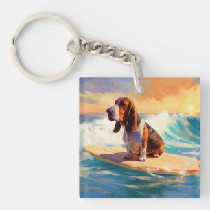 Peinture de Basset Hound faisant du Surf sur la Pl