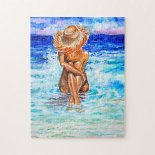 Peinture de puzzle pour femme et mer