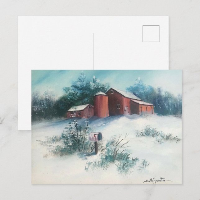 Peinture paysage neigeux Carte postale de ferme ru (Devant / Derrière)