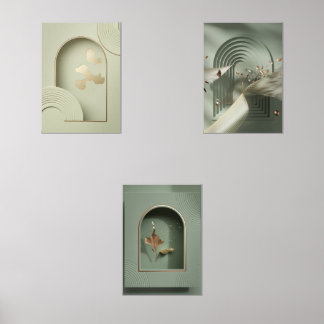 Peinture verte et dorée minimaliste murale