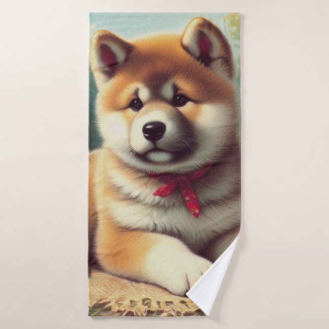 Peinture vintage à l'huile Akita (Serviette de bain)