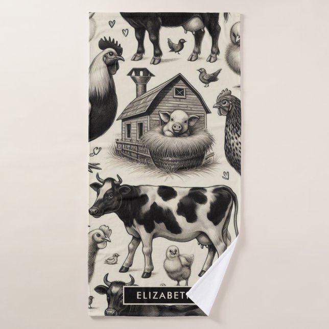 Peinture vintage d'animaux de ferme (Serviette de bain)