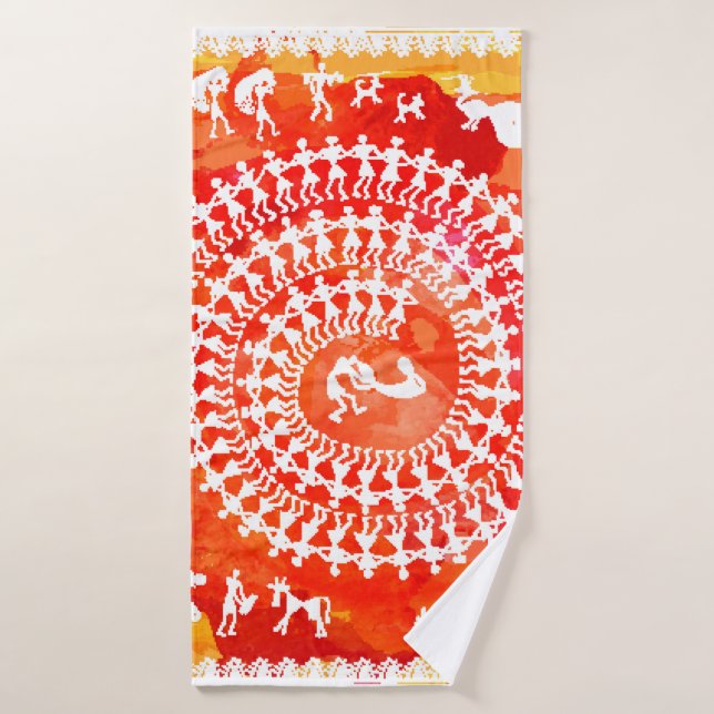 Peinture Warli - main dessinée traditionnelle l'An (Serviette de bain)