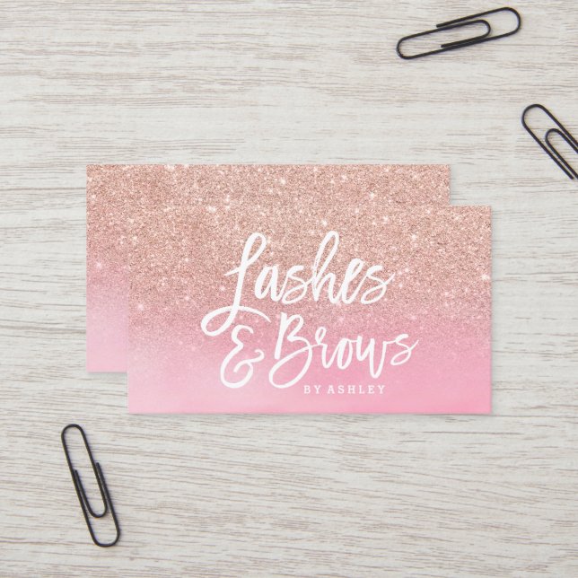 Peitscht Brauen-RosengoldGlitter-Rosa Watercolor Visitenkarte (Vorderseite/Rückseite Beispiel)