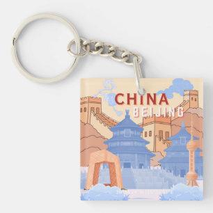 Peking China Reiseplakat Pastellblau & Pfirsich Schlüsselanhänger
