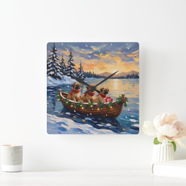 Pekingese Christmas Boat Holiday Quadratische Wanduhr (Zuhause)