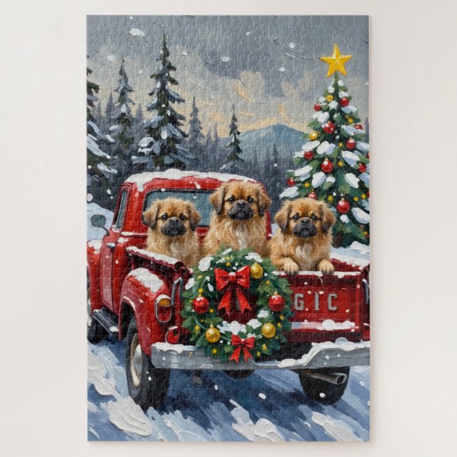 Pekingese Christmas Red Truck Holiday (Vertikal)