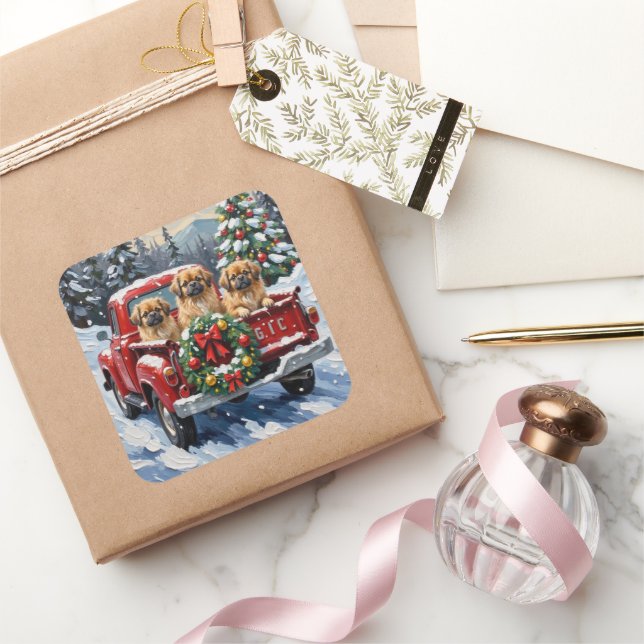 Pekingese Christmas Red Truck Holiday Quadratischer Aufkleber (Schenken)