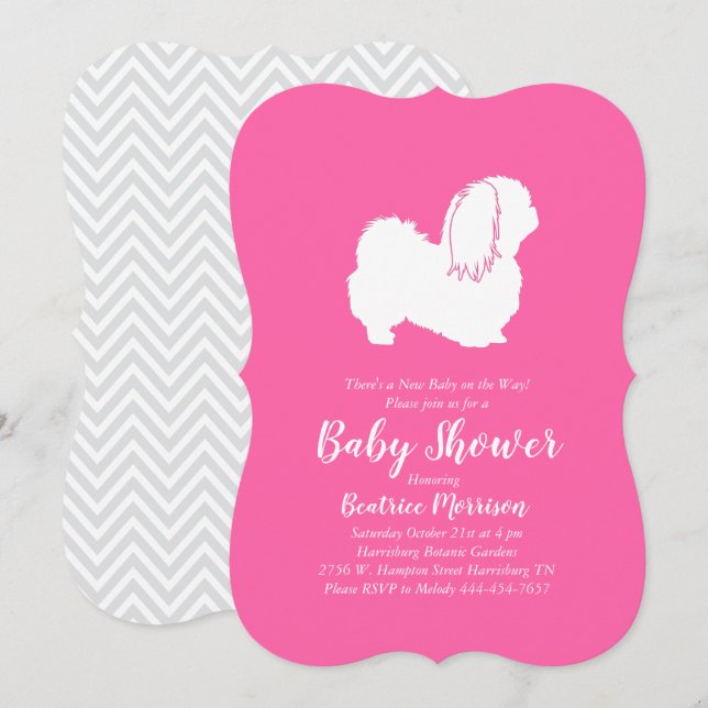Pekingese Dog Baby Shower Girl Pink Einladung (Vorne/Hinten)