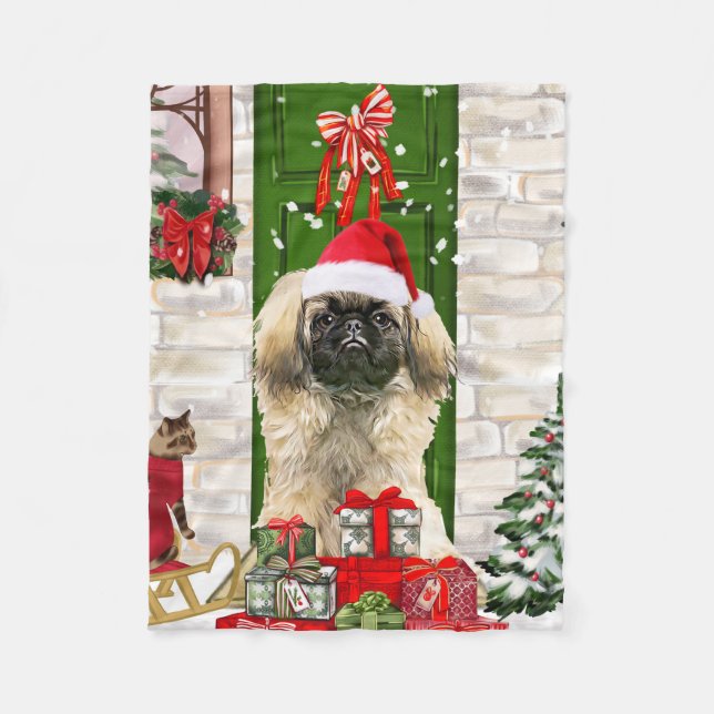 Pekingese Dog Christmas Fleecedecke (Vorderseite)