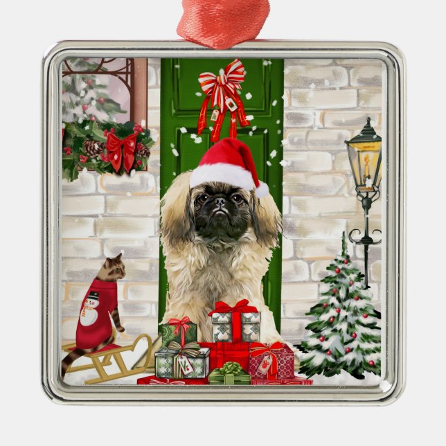 Pekingese Dog Christmas Ornament Aus Metall (Vorne)