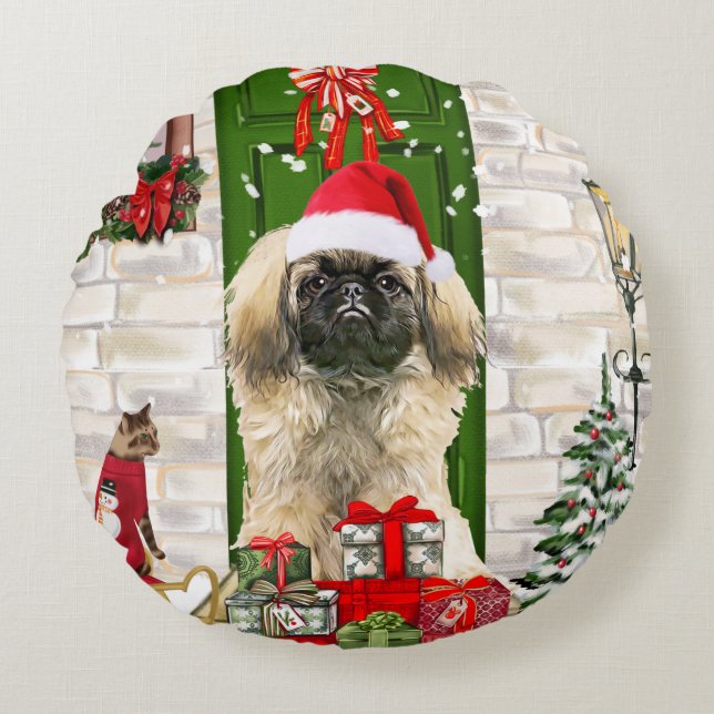 Pekingese Dog Christmas Rundes Kissen (Vorderseite)