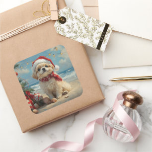 Pekingese Dog Christmas Vintag Beach Quadratischer Aufkleber