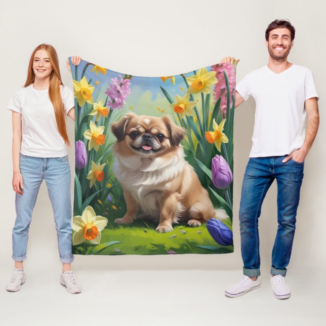 Pekingese Dog Spring Blumen Malerei Fleecedecke (Beispiel)