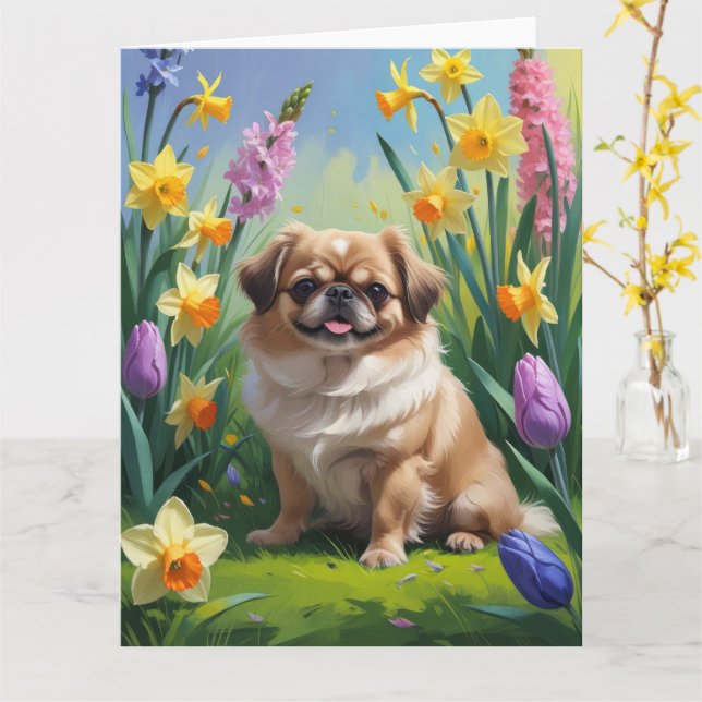 Pekingese Dog Spring Blumen Malerei Karte (Gelbe Blume)