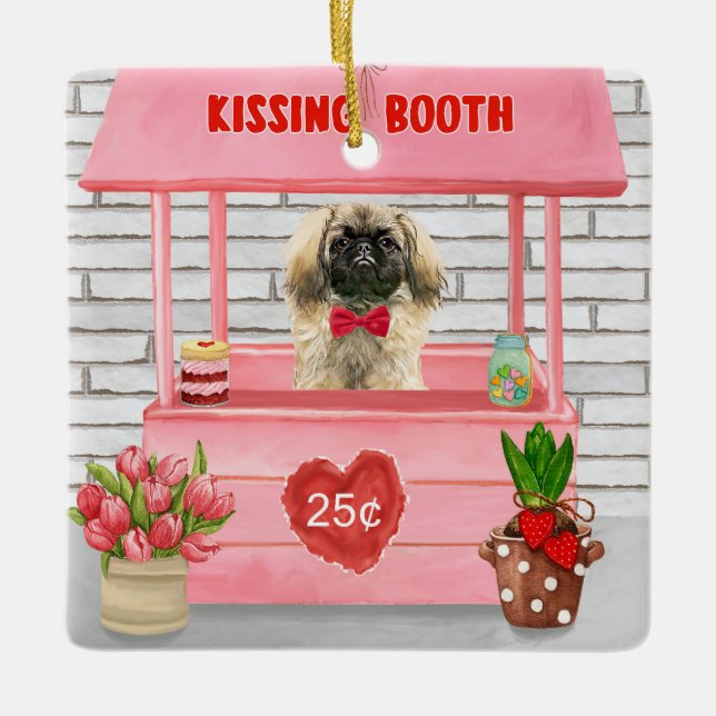 Pekingese Dog Valentine's Day Kissing Booth Keramikornament (Vorderseite)