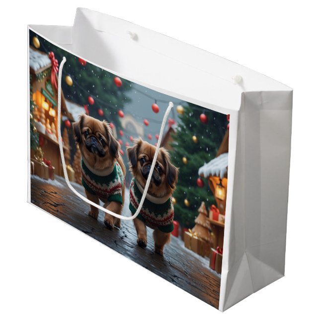 Pekingese Dogs Christmas Snow Holiday Große Geschenktüte (Vorderseite Schrägansicht)
