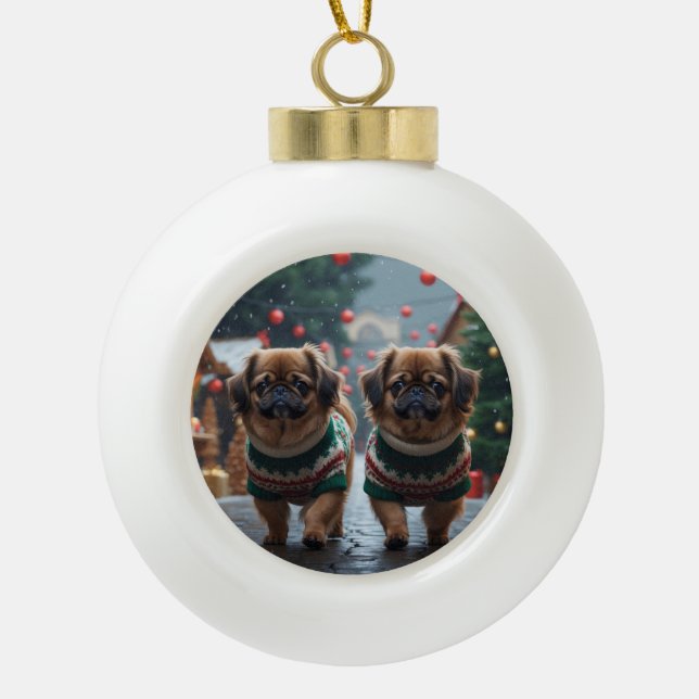 Pekingese Dogs Christmas Snow Holiday Keramik Kugel-Ornament (Vorderseite)