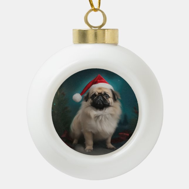 Pekingese Hund im Schnee Weihnachten Keramik Kugel-Ornament (Vorderseite)