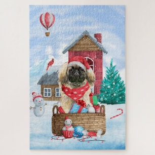 Pekingese Hund im Schnee Weihnachtshaus