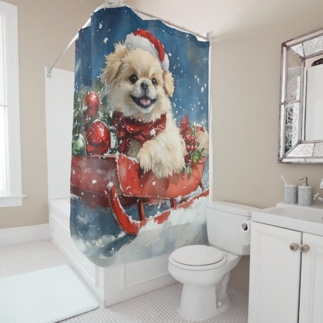 Pekingese Hund in Sledge Lass es Schnee Weihnachte Duschvorhang (Beispiel)