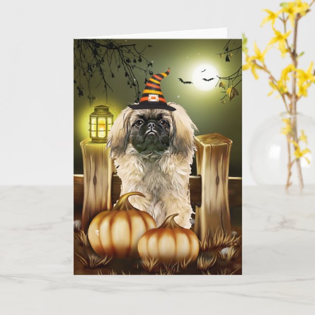 Pekingese Hund mit Hexenhut Halloween Karte (Gelbe Blume)
