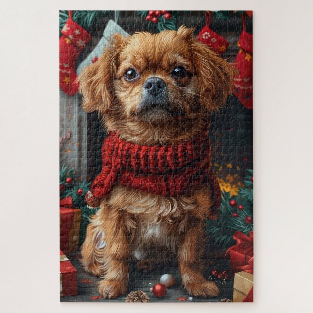 Pekingese Hund mit Weihnachtsgeschenken Feuerplatz (Vertikal)