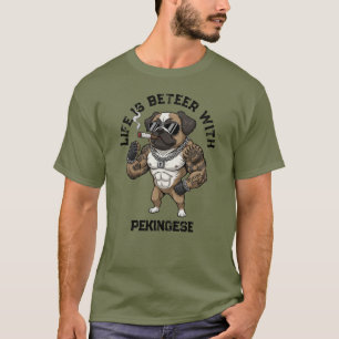Pekingese Hund, muskulös, tätowiert, Bodybuilder T-Shirt