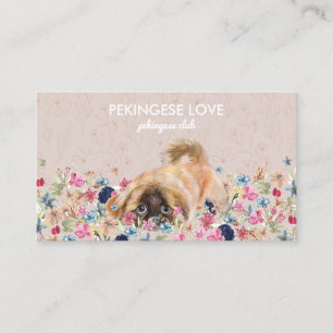 Pekingese-Hund spielt zwischen Blumen Visitenkarte