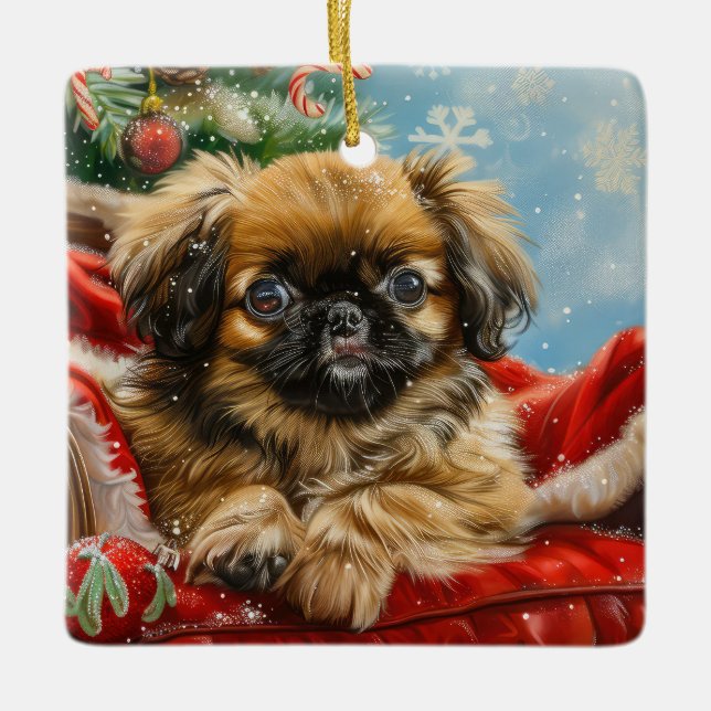 Pekingese Hund Weihnachten Keramikornament (Vorderseite)