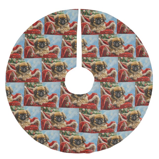 Pekingese Hund Weihnachten Polyester Weihnachtsbaumdecke (Vorderseite)