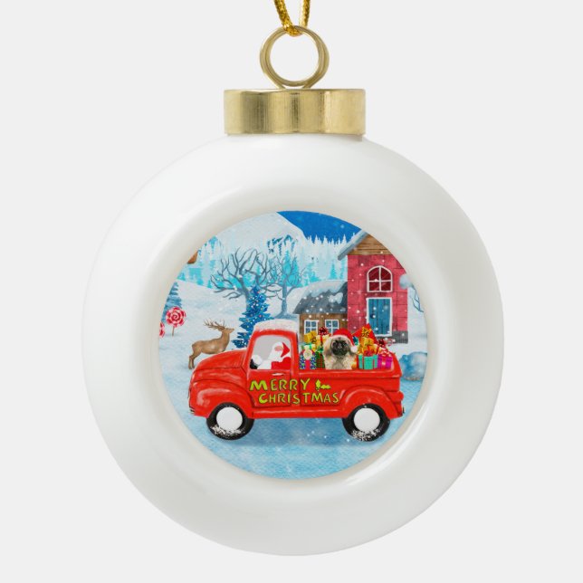 Pekingese Hund Weihnachtslieferung LKW Schnee Keramik Kugel-Ornament (Vorderseite)