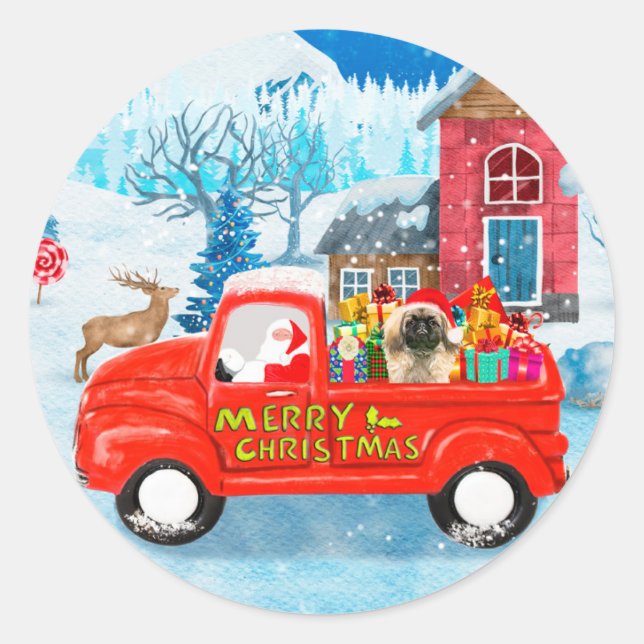 Pekingese Hund Weihnachtslieferung LKW Schnee Runder Aufkleber (Vorderseite)