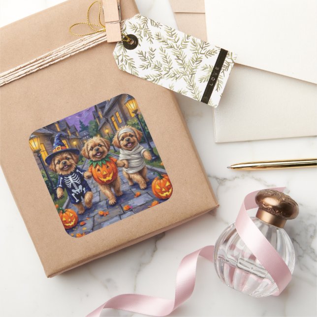Pekingese Hunde Trick-oder-Treating Halloween-Kost Quadratischer Aufkleber (Schenken)