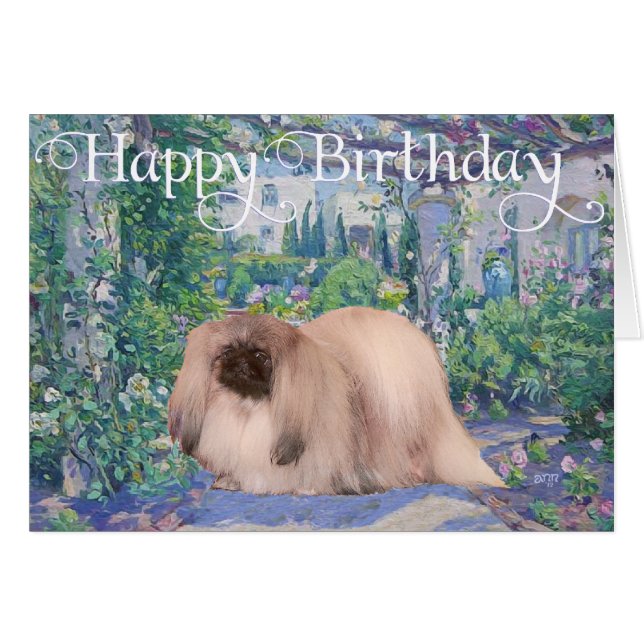 Pekingese im Blumengarten (Vorderseite (Horizontal))