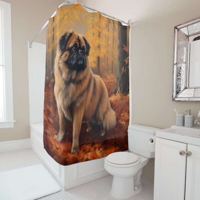 Pekingese im Herbst Leaves Fall Inspiriert Duschvorhang (Beispiel)