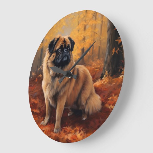 Pekingese im Herbst Leaves Fall Inspiriert Große Wanduhr (Winkel)