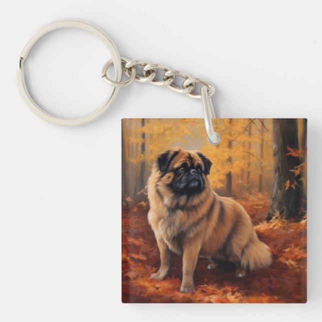 Pekingese im Herbst Leaves Fall Inspiriert Schlüsselanhänger (Vorderseite)