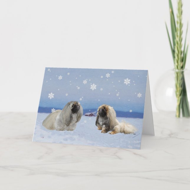 Pekingese im Winter Feiertagskarte (Vorderseite)
