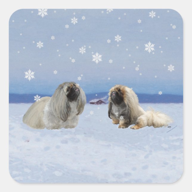 Pekingese im Winter Quadratischer Aufkleber (Vorderseite)