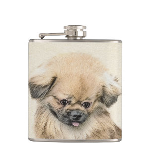 Pekingese Malerei - Niedliche Original Hunde Kunst Flachmann