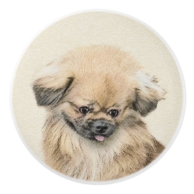 Pekingese Malerei - Niedliche Original Hunde Kunst Keramikknauf (Vorderseite)